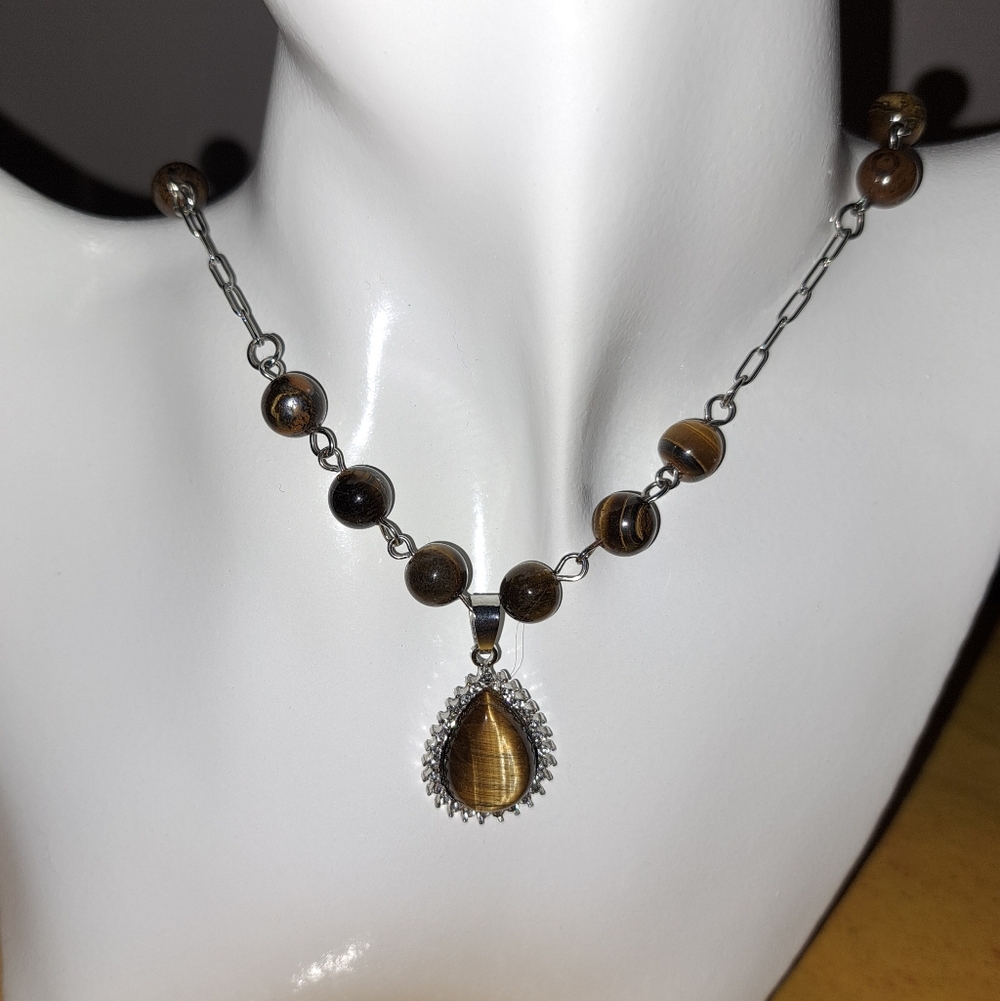 Tigereye Teardrop Pendant, Austrian Crystal Bezel, 304 Stainless Papeclip Chain